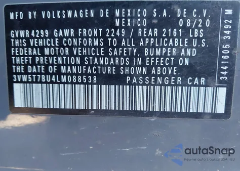 2020 Volkswagen Jetta Gli 2.0T Autobahn/2.0T S from USA, damaged, VIN 3VW5T7BU4LM088538